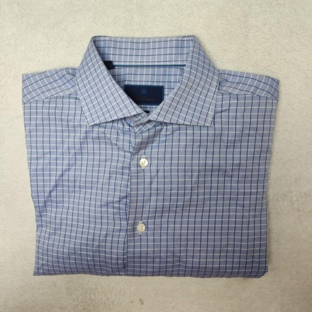 David Donahue Shirt Mens 17 34/35 Blue Check‎ Slim Spread Collar Long Sleeve